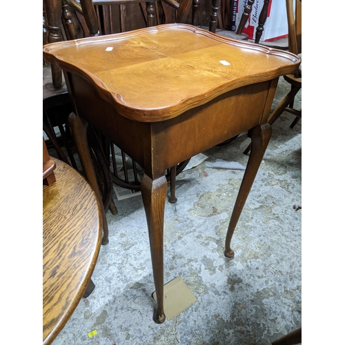 560 - Mixed small furniture to include an Indonesian contemporary butler's tray on stand, 1930s walnut sew... 