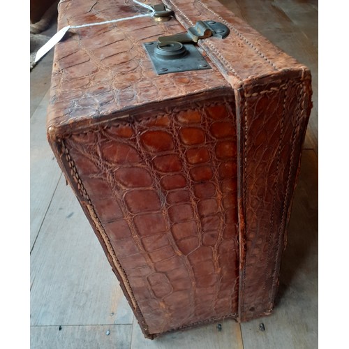 40 - A 1930's Barkers Kensington Makers crocodile skin weekend suitcase A/F with brown cotton fitted inte... 