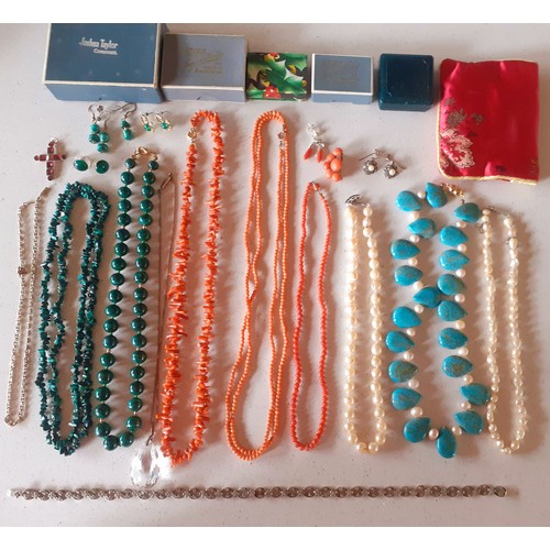 46 - Two malachite bead necklaces and earrings, a coral necklace and coral effect examples, a gold tone a... 