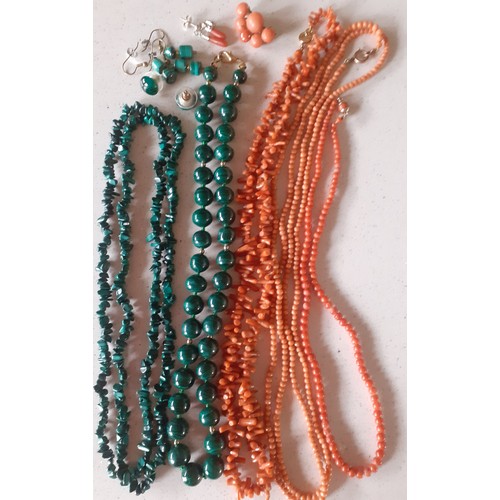 46 - Two malachite bead necklaces and earrings, a coral necklace and coral effect examples, a gold tone a... 