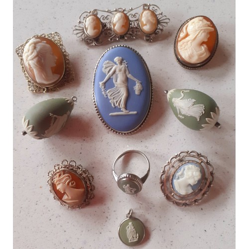 43 - A group of vintage cameo brooches and Wedgwood Jasperware jewellery. Location:Table 
If there is no ... 