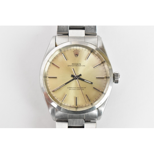 A Rolex Oyster Perpetual, chronometer, automatic, gents, stainless steel wristwatch, circa 1966, having a silvered dial with baton markers and centre seconds, fitted with a Rolex oyster bracelet, calibre 1560 movement, serial number 1252XXX, 34mm, with paperwork
Watch is in ticking order
If there is no condition report shown, please request