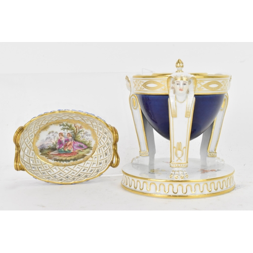 111 - Meissen porcelain to include tripod inkwell and cover, cobalt blue pot with a band of repeating patt... 