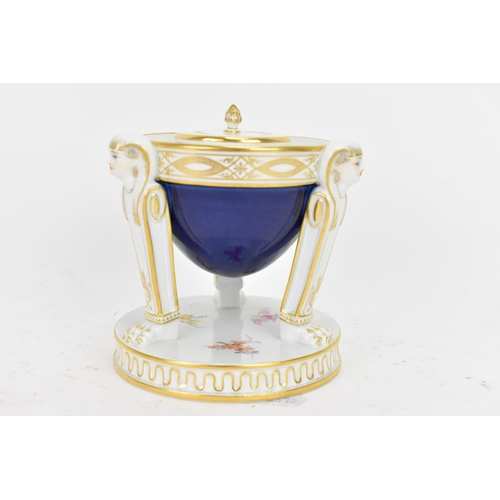 111 - Meissen porcelain to include tripod inkwell and cover, cobalt blue pot with a band of repeating patt... 