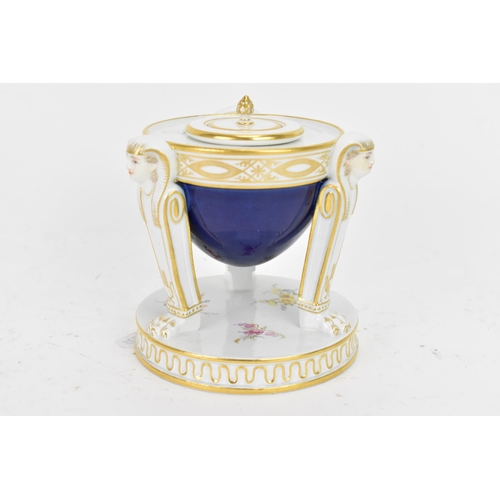 111 - Meissen porcelain to include tripod inkwell and cover, cobalt blue pot with a band of repeating patt... 