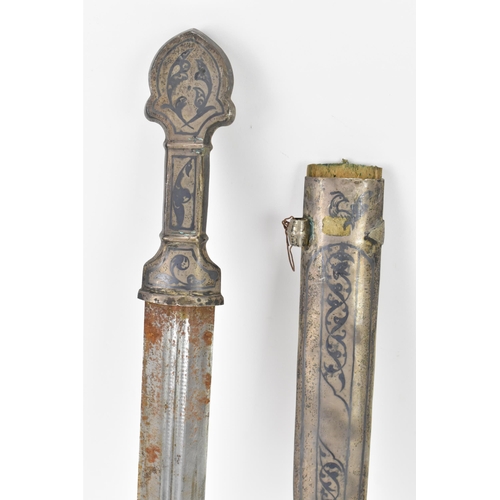 118 - A 19th century Russian Kindjal dagger, the white metal engraved scabbard decorated with a floral scr... 