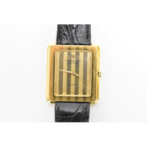 12 - A Raymond Weil, quarts, gents, gold plated wristwatch, having a rectangular dial, the case back numb... 