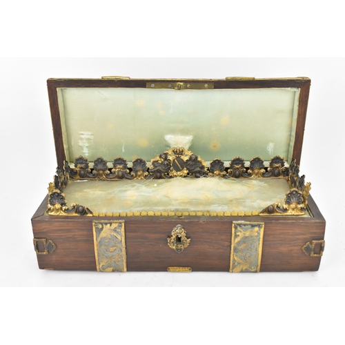 122 - A 19th century French jewellery box, having gilt metal mounts in the form of straps, engraved with f... 