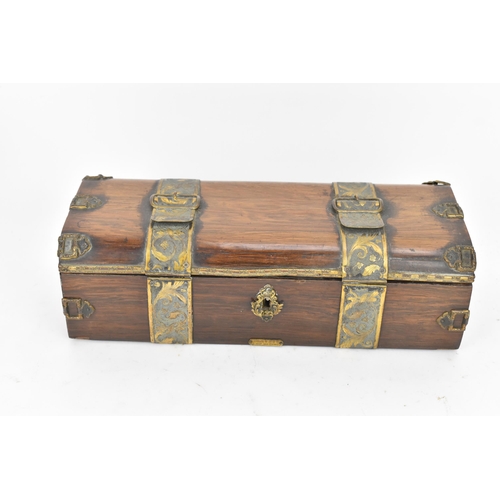 122 - A 19th century French jewellery box, having gilt metal mounts in the form of straps, engraved with f... 