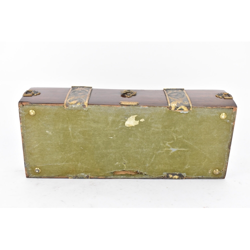 122 - A 19th century French jewellery box, having gilt metal mounts in the form of straps, engraved with f... 