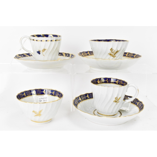 128 - Four late 18th century Worcester Flight, Barr and Barr period cups and three saucers, each spirally ... 