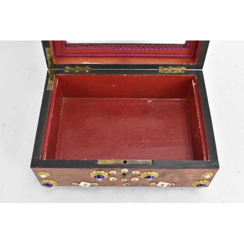 138 - A 19th century French burr yew jewellery casket, having a magnified bevelled glass top, applied with... 