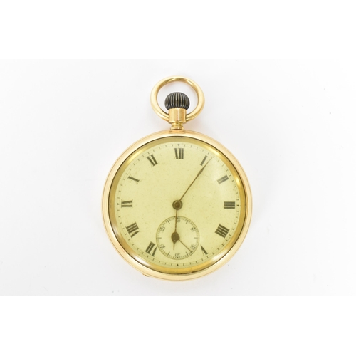 15 - An early 20th century 18ct gold, open face, key-less wound pocket watch, the dial having black Roman... 