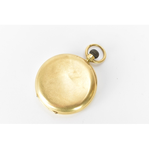 15 - An early 20th century 18ct gold, open face, key-less wound pocket watch, the dial having black Roman... 