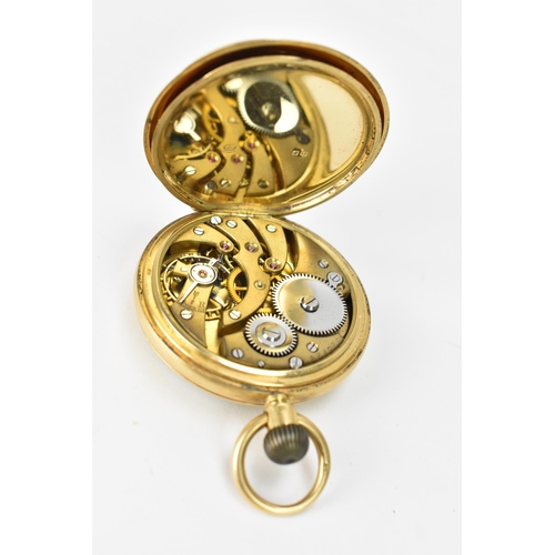 15 - An early 20th century 18ct gold, open face, key-less wound pocket watch, the dial having black Roman... 