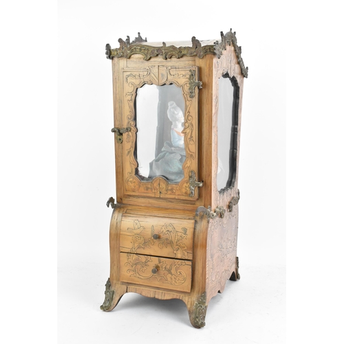 155 - A 19th century French marquetry inlaid model of a sedan chair, applied with gilt metal scroll mounts... 