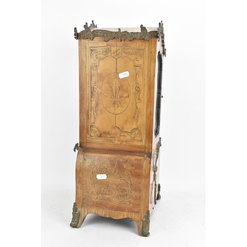 155 - A 19th century French marquetry inlaid model of a sedan chair, applied with gilt metal scroll mounts... 