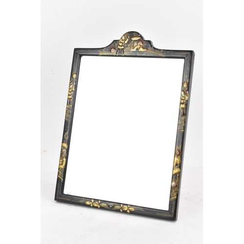 172 - A 1920s Japanned dressing table mirror, having a lacquered frame decorated with figures, buildings a... 