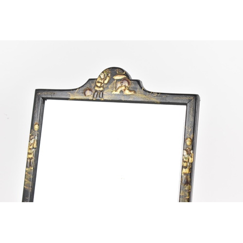 172 - A 1920s Japanned dressing table mirror, having a lacquered frame decorated with figures, buildings a... 