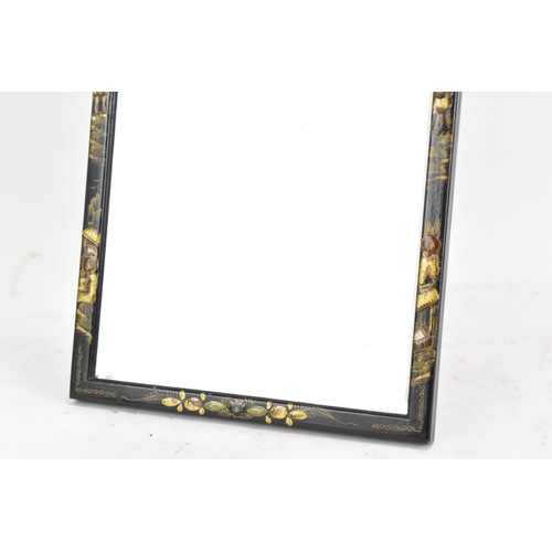 172 - A 1920s Japanned dressing table mirror, having a lacquered frame decorated with figures, buildings a... 