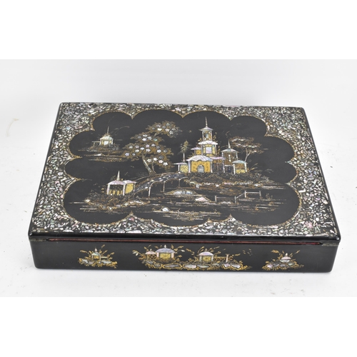 174 - A Victorian lacquered chinoiserie papier-mache writing slope, the black lacquered body hand painted ... 