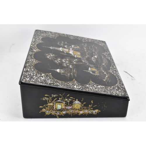 174 - A Victorian lacquered chinoiserie papier-mache writing slope, the black lacquered body hand painted ... 