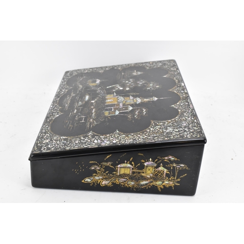 174 - A Victorian lacquered chinoiserie papier-mache writing slope, the black lacquered body hand painted ... 