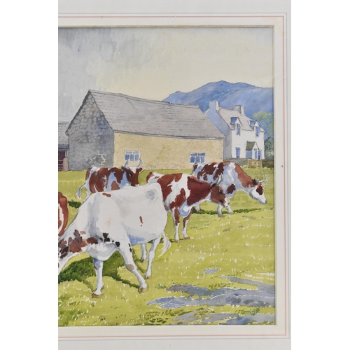 178 - Charles Frederick Tunnicliffe RA (1901-1979) - A watercolour depicting cattle with buildings and mou... 