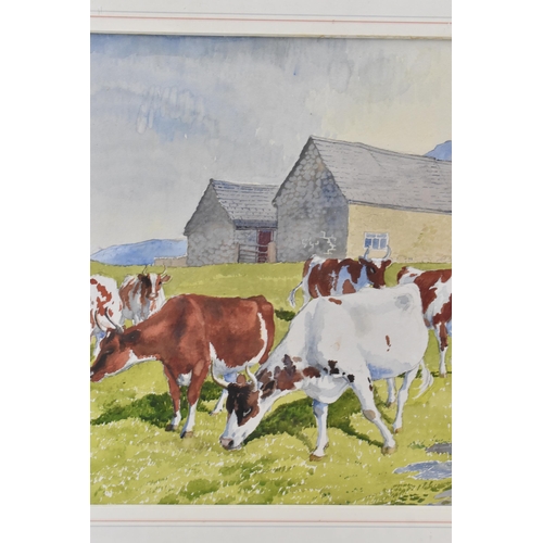 178 - Charles Frederick Tunnicliffe RA (1901-1979) - A watercolour depicting cattle with buildings and mou... 