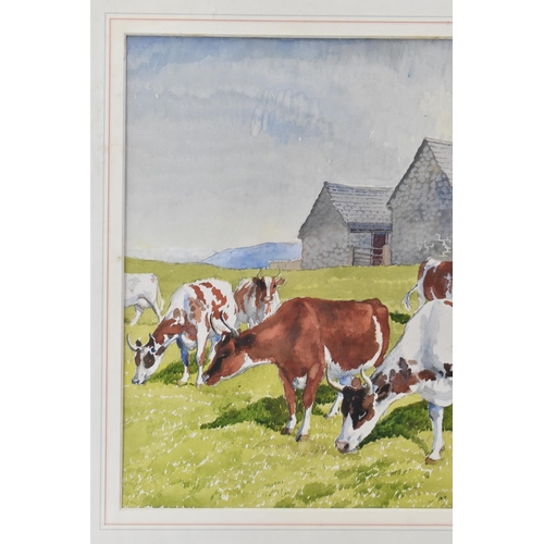 178 - Charles Frederick Tunnicliffe RA (1901-1979) - A watercolour depicting cattle with buildings and mou... 