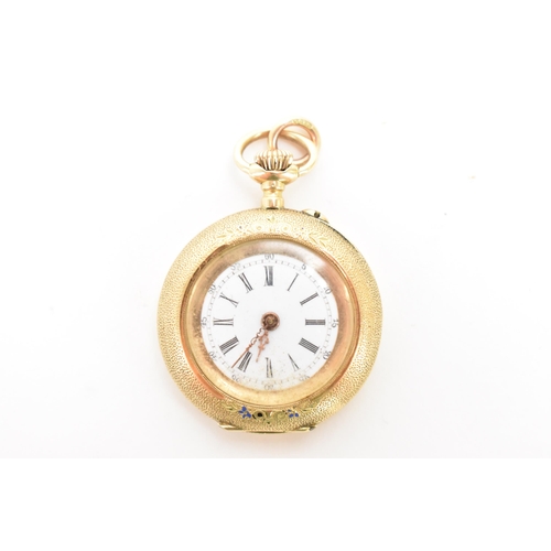 21 - An early 20th century 14ct gold, open face, key-less wound fob watch, the white enamel dial having R... 