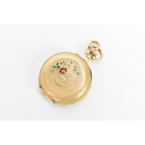 21 - An early 20th century 14ct gold, open face, key-less wound fob watch, the white enamel dial having R... 