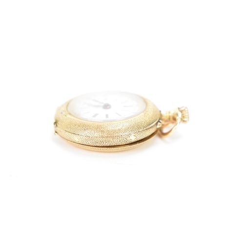 21 - An early 20th century 14ct gold, open face, key-less wound fob watch, the white enamel dial having R... 