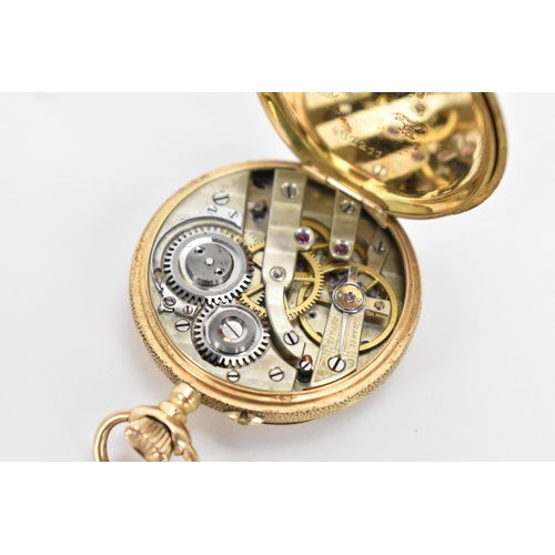 21 - An early 20th century 14ct gold, open face, key-less wound fob watch, the white enamel dial having R... 