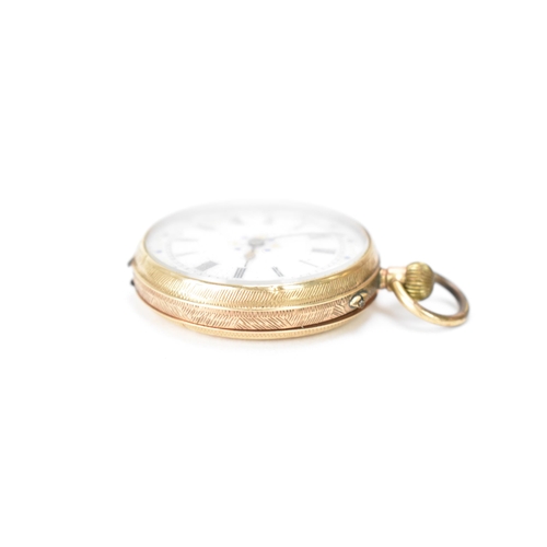 22 - An early 20th century 9ct gold, open face, key-less wound fob watch, the white enamel dial having Ro... 