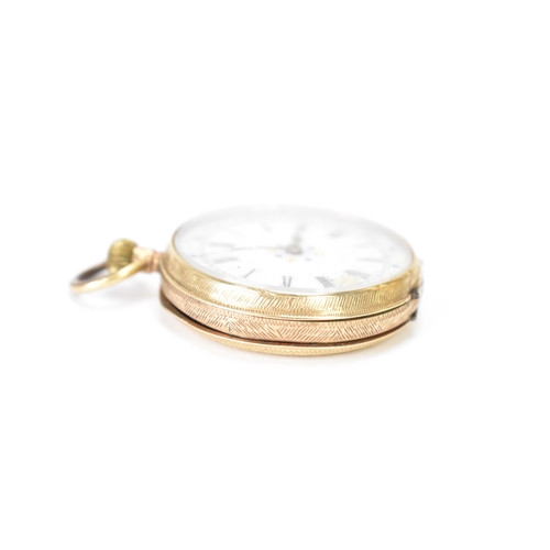 22 - An early 20th century 9ct gold, open face, key-less wound fob watch, the white enamel dial having Ro... 