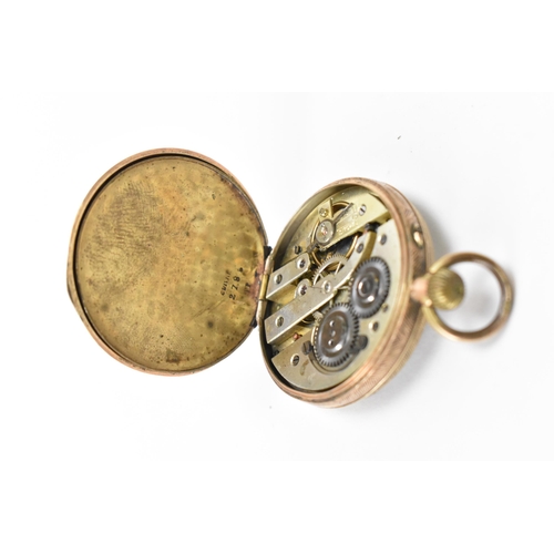 22 - An early 20th century 9ct gold, open face, key-less wound fob watch, the white enamel dial having Ro... 