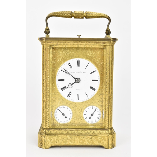 28 - A late 19th century French gilt metal, repeating, alarm and date carriage clock, the white enamel di... 