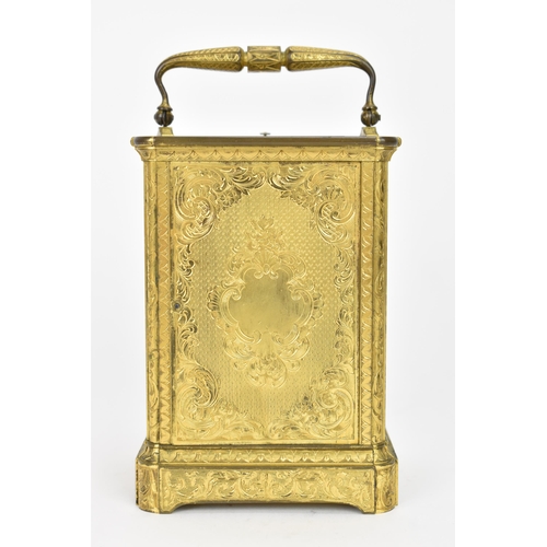 28 - A late 19th century French gilt metal, repeating, alarm and date carriage clock, the white enamel di... 