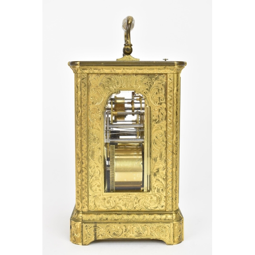 28 - A late 19th century French gilt metal, repeating, alarm and date carriage clock, the white enamel di... 