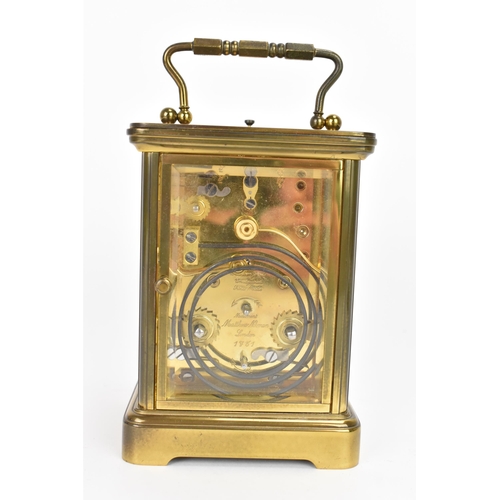 29 - A Matthew Norman gilt metal repeating and alarm carriage clock, the white enamel dial having Roman n... 