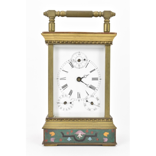 35 - A cloisonne enamel 8 day carriage clock, the white enamel dial having Roman numerals and three subsi... 