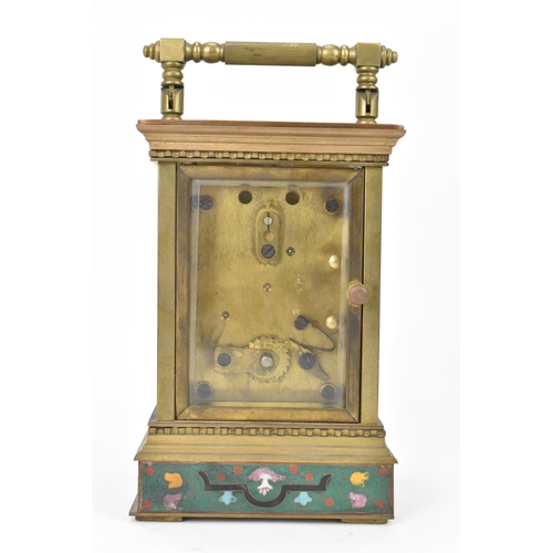 35 - A cloisonne enamel 8 day carriage clock, the white enamel dial having Roman numerals and three subsi... 