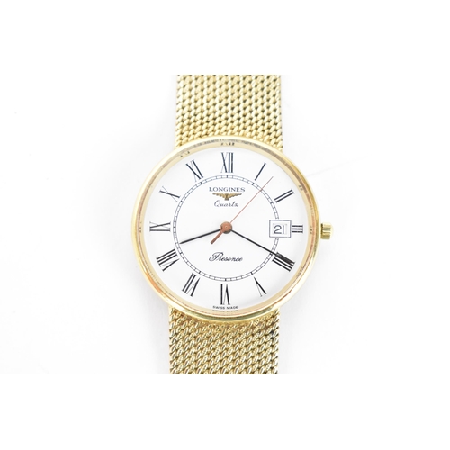 5 - A Longines Presence, quartz, 9ct yellow gold wristwatch, having a white dial with black Roman numera... 