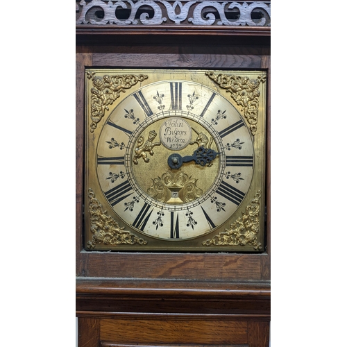 52 - A George II oak cased 30 hour longcase clock, having a moulded cornice, pierced fretwork above turne... 