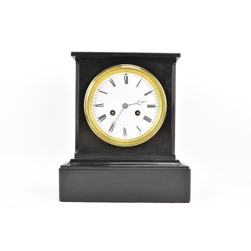 56 - A late 19th century French black slate marble 8 day mantle clock, the white enamel dial having Roman... 