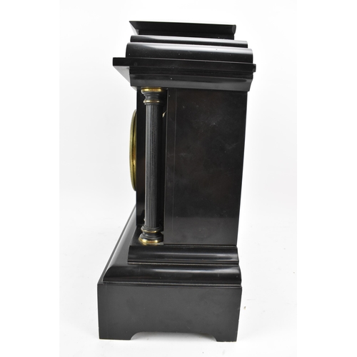 65 - A late 19th century French 8 day mantle clock, the case of architectural form with a scene of cherub... 