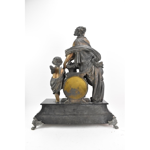 66 - A 19th century black slate 8 day mantle clock, the case surmounted by a spelter cherub and classical... 