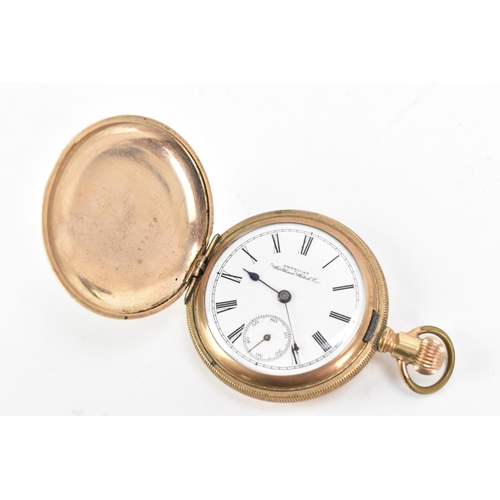 75 - An early 20th century Waltham, full hunter, 14ct gold filled/plated pocket watch, the white enamel w... 