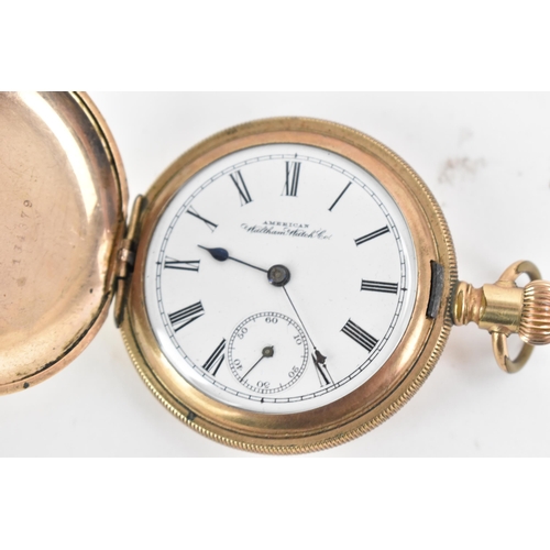 75 - An early 20th century Waltham, full hunter, 14ct gold filled/plated pocket watch, the white enamel w... 